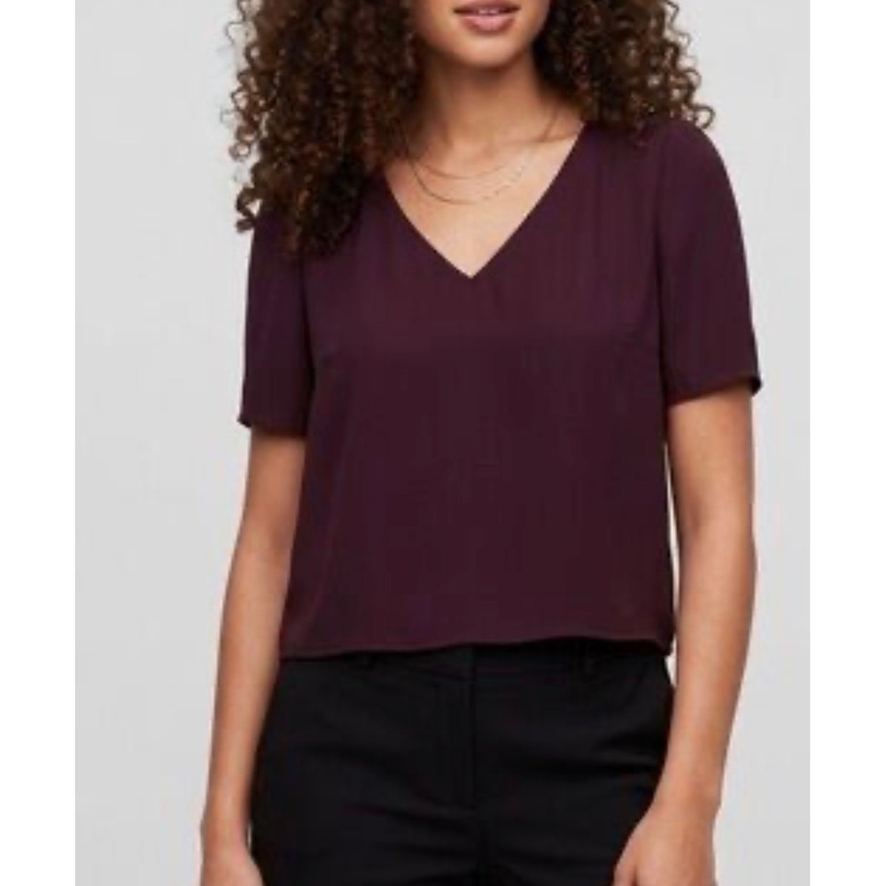 Babaton Aritzia Burgundy V-Neck Short Sleeve Blouse Top XS Wine Minimalist boho